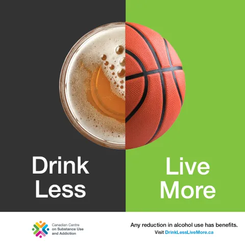 The top of a glass of beer over a black background split with half of a basketball over a bright green background, together forming the shape of a circle. 
